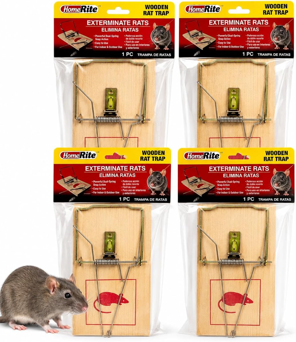 Paquete de 4 trampas para ratas de madera de alta resistencia – Trampas a presión de doble resorte para ratones y ratas grandes, control rápido de roedores en interiores y exteriores para hogares, garajes, sótanos, graneros, cobertizos y espacios comerciales