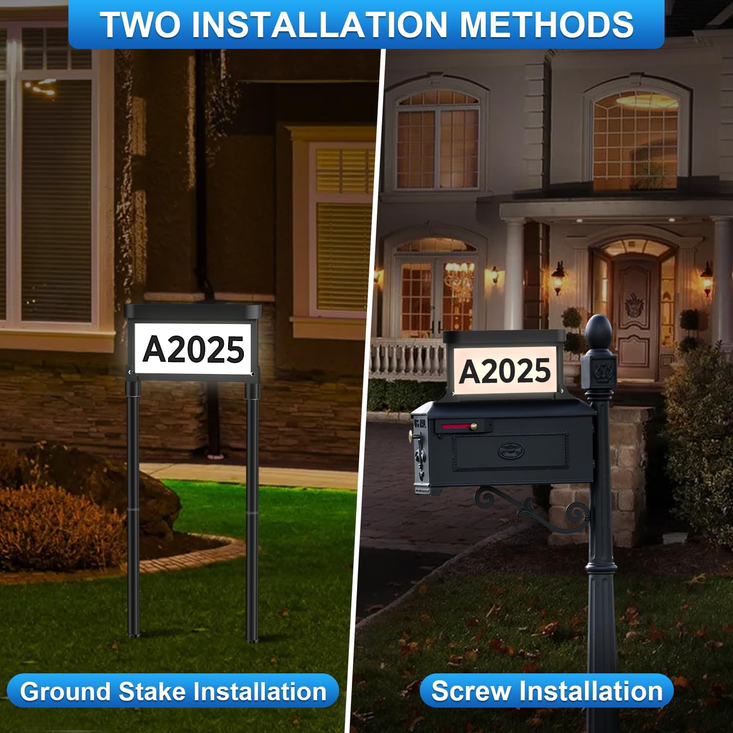 Solar Address Sign Light Double-Sided with Stakes & Mailbox Mount, 2000mAh Battery, LED House Numbers for Yard or Wall, Waterproof Solar Powered Address Plaque with Dusk to Dawn Sensor, 3 Light Modes, Includes 4 Sets of Numbers