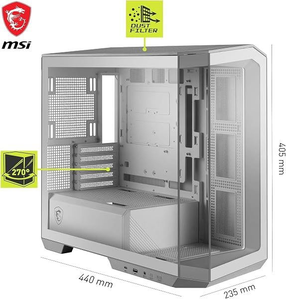 MSI MAG PANO M100L PZ WHITE Micro-ATX PC Case - Micro-ATX Capacity, GPU Support Stand, Level Indicator, Dust Filters, 33 mm Cable Routing Space, USB Type-C (20Gbps) - 3