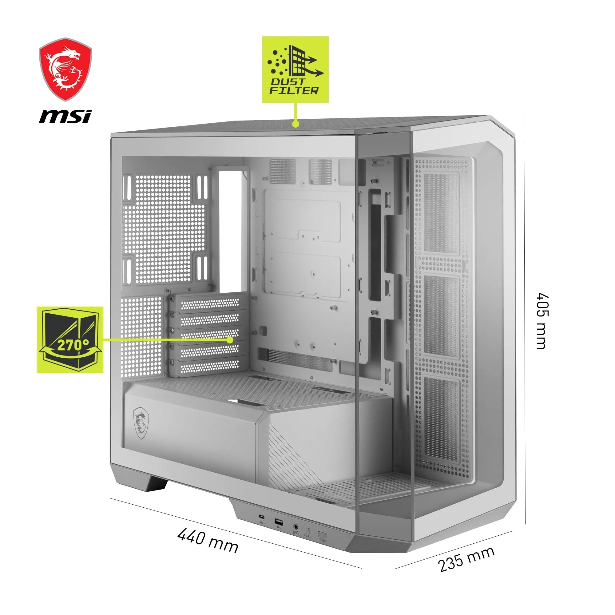MSI mag PANO M100L PZ White – Torre Gaming Micro-ATX Blanca con Panel Panorámico de Cristal, Ventilación Optimizada, Compatible con ARGB y Refrigeración Líquida – Caja PC Compacta