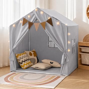 Little Dove Kids Play Tent with Star Lights & 2 Windows, Reading Nook & Playhouse for Indoor Use, Play Tent for Boys & Girls, Cozy Indoor Playroom & Birthday, 40"x28"x42", Gray