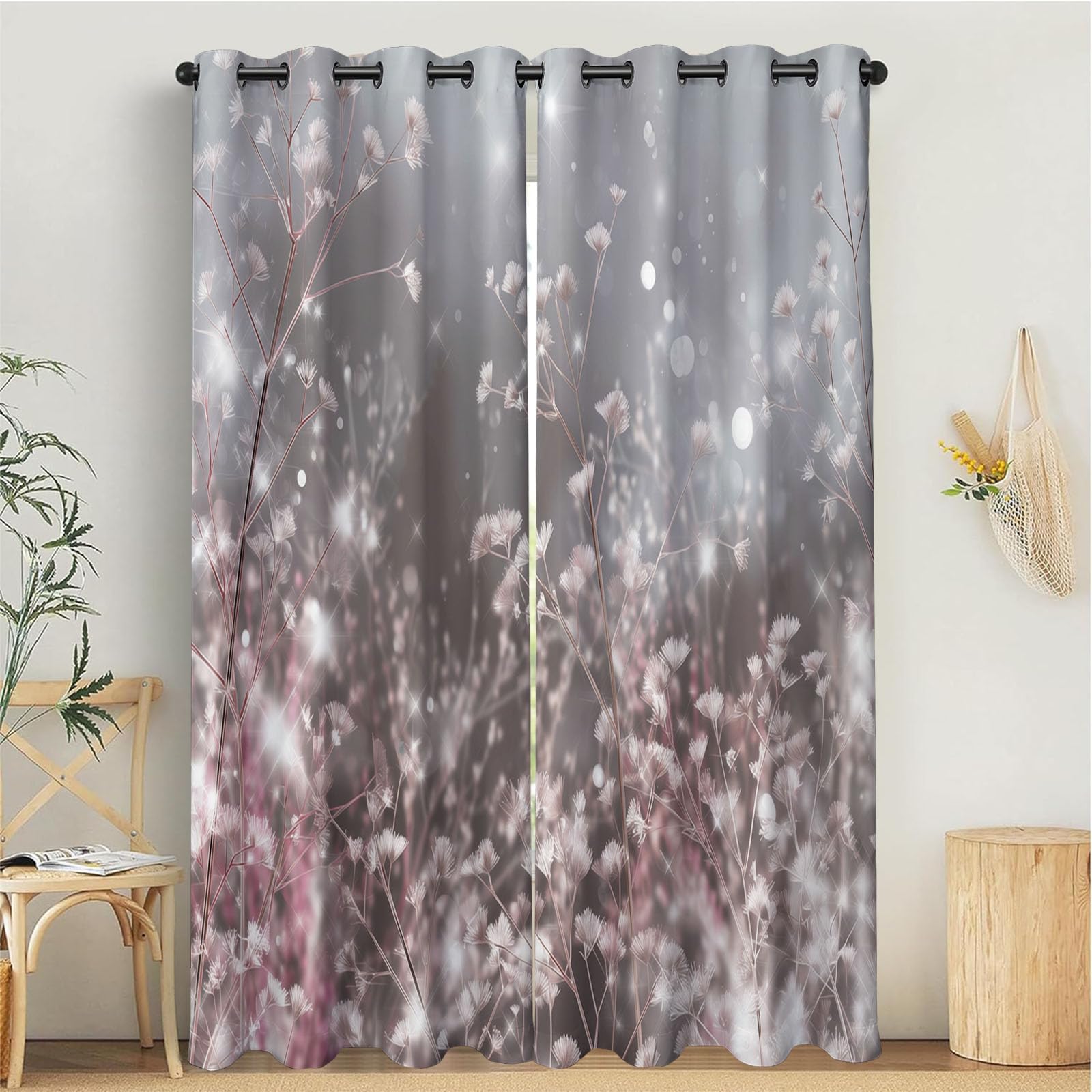 Rideau Occultant Isolant Thermique, Anti Froid Rideaux Opaque pour Chambre Coucher Salon Fleurs Art Décor Chambre, Motif Plantes Gouttes De Rosée, 140L X 225H cm, 2 Panneaux, Poudre de Cendre