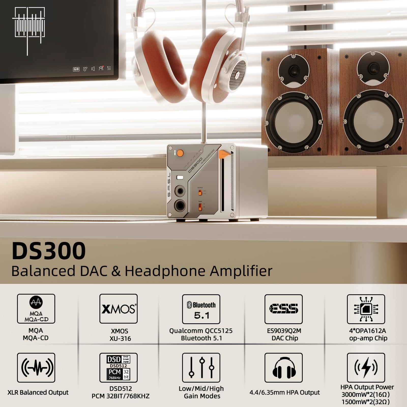 SMSL DS300 Amplificatore per cuffie DAC ad alta Chip ES9039Q2M DAC audio | Bluetooth 5.1 4 Amp operazionali Doppi OPA1612A MQA MQA-CD 6,35 mm/4,4 mm HP PCM 32 bit/768 kHz DSD512 USB/Opt/Coa/BT IN