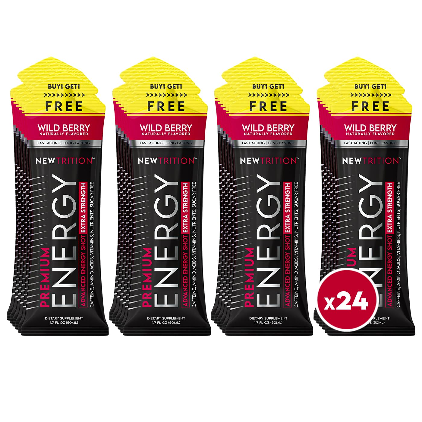 NewTrition® Extra Strength Energy Shots, 1.7 fl oz - 250mg Caffeine with Vitamin B & Amino Acids, Sugar-Free, Zero Calorie Vitamin Energy Drink for Focus & Endurance (Pack of 24, Wild Berry)