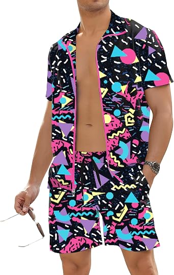 UOUA 80s Outfit for Men 90s Costume 2 Piece Short Sleeve Tracksuit Set | 1980s 1990s Neon Graphic Two Piece Zip Up Windbreak Shorts Set Retro Party Clothes Halloween Costume for Couples