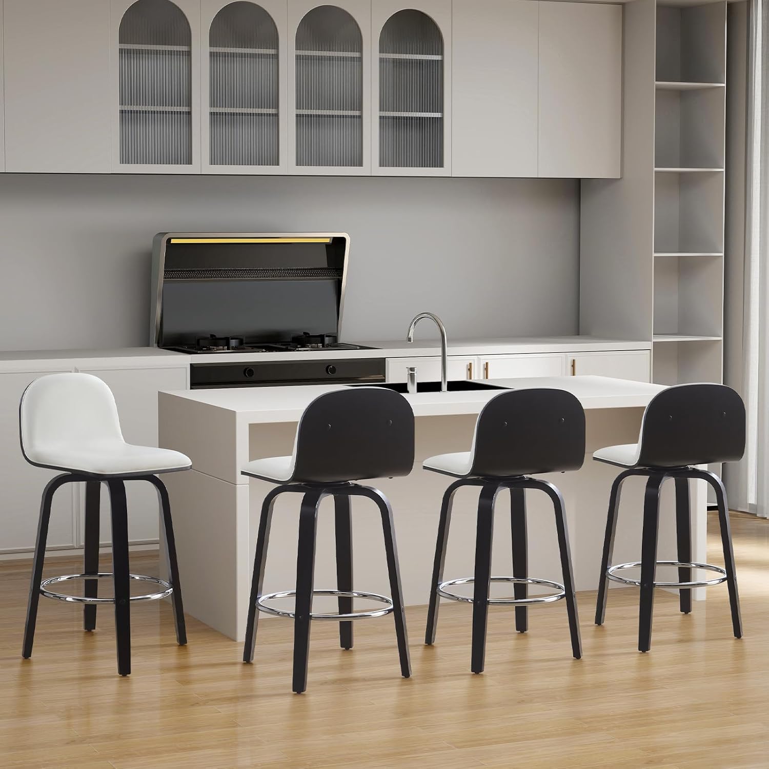 Bekrvio Swivel Counter Height Bar Stools Set of 4, Mid-Century Modern Upholstered PU Leather Barstools with Low Back & Black Bentwood Frame, 26" Seat Height Counter Stools for Kitchen Island, Cream