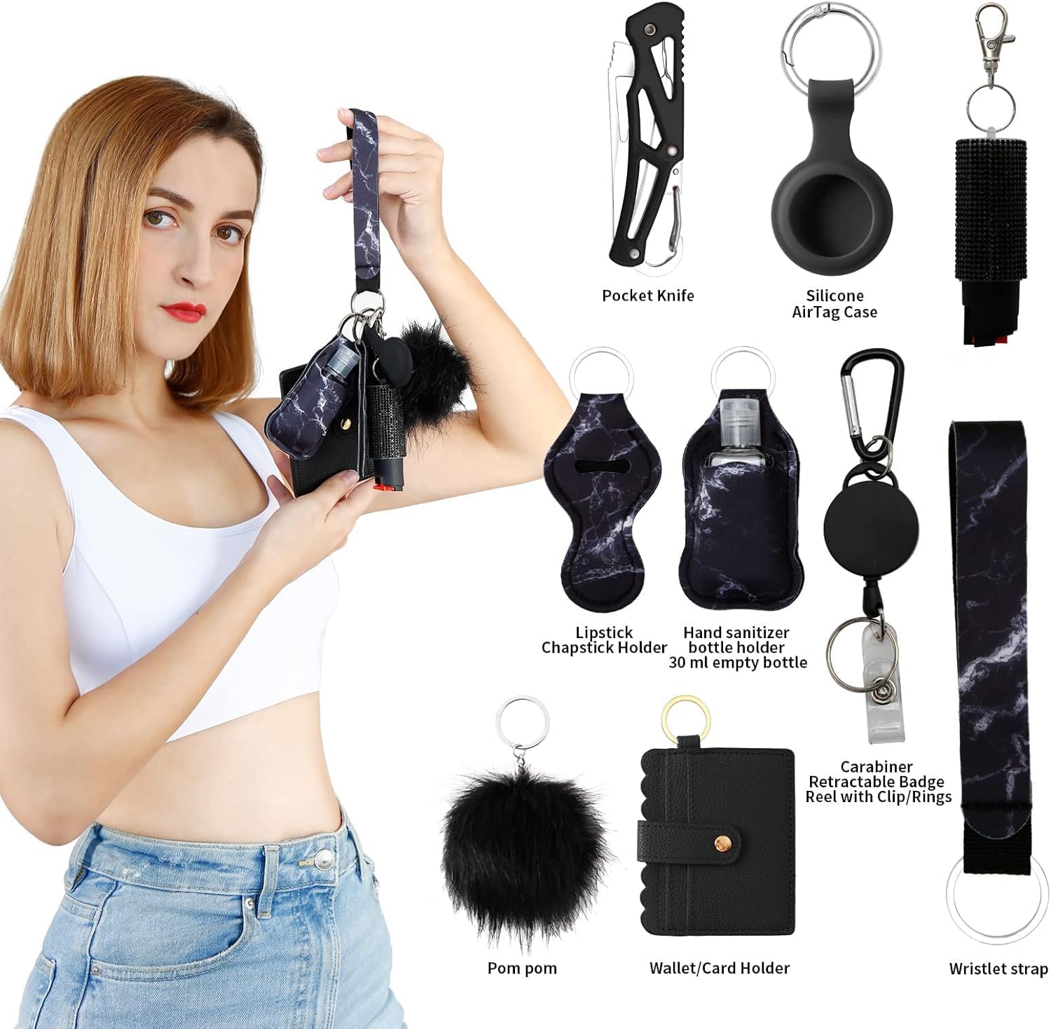 Wristlet Keychain Set with Wallet Card Holder, Bottle Opener, Car Keychain Accessories for Women (Darkblack) - Image 7