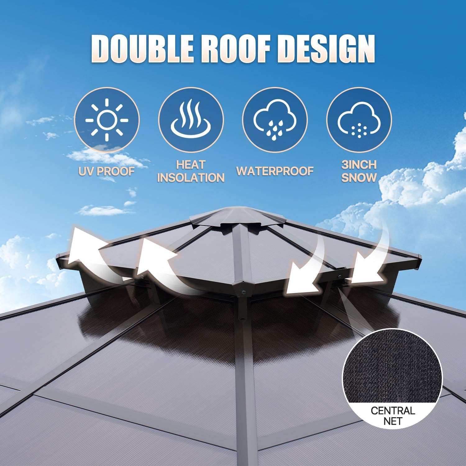 12'x12' Hardtop Gazebo, Outdoor Polycarbonate Double Roof Pavilion with Aluminum Frame, Netting, and Curtains, Ideal for Patios, Gardens, and Backyards