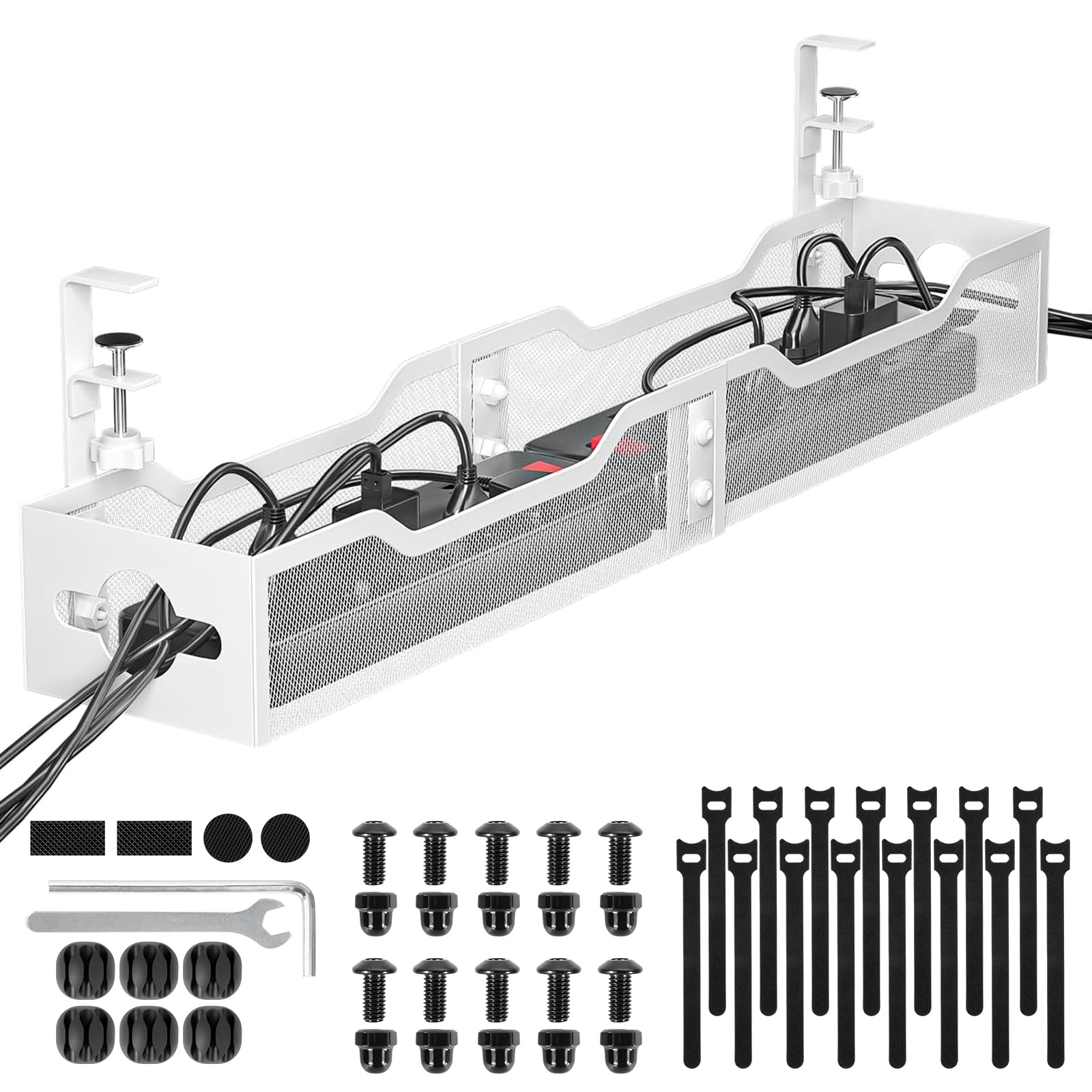 Under Desk Cable Management Tray, No Drill Cable Management Mesh Wire Organizer Side Opening Design for Home, Office, Internet Cafe, Kitchen (White, 1 Pack 25'')