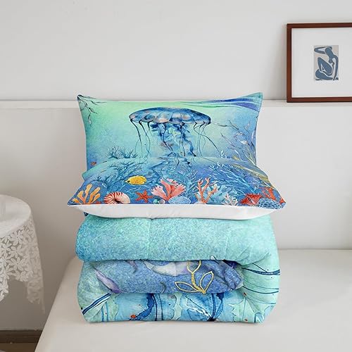 Miniatura 5 de Erosebridal Juego de ropa de cama verde azulado, juego de edredón de medusa ombré para niñas y niños, edredón de plumas de medusa de acuarela, juego