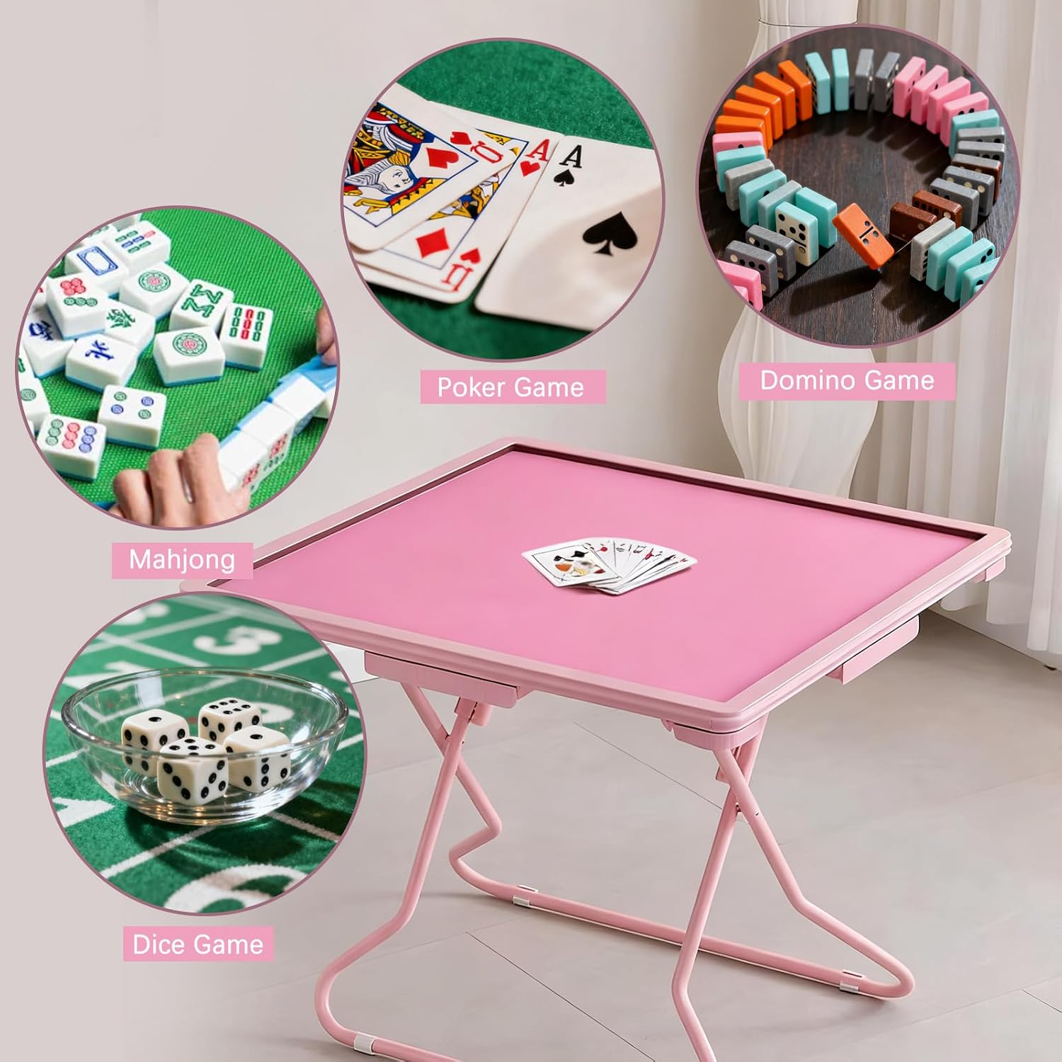 GregYoung Foldable Mahjong Table,35" Portable Square Folding Game Table with 4 Drawers and 4 Cup Holders,Suitable for Poker Cards, Mahjong, Board Games etc.(Pink)
