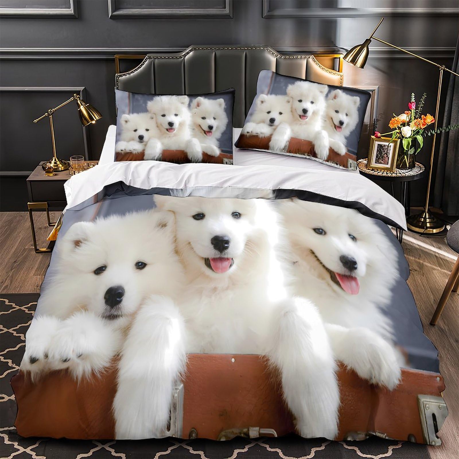 Parure de lit king blanche chiots 3D en microfibre avec 2 taies
