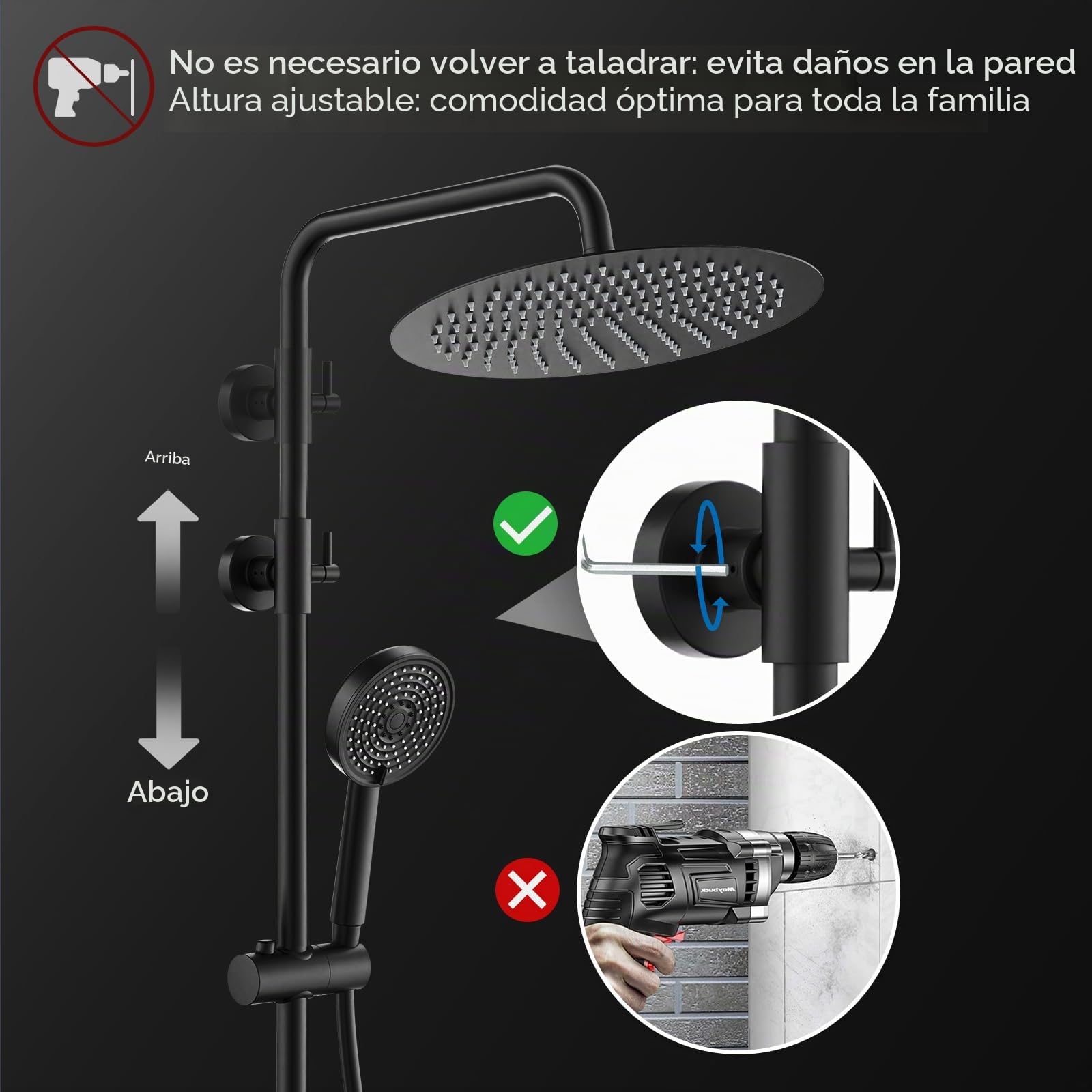 HOMELODY Ducha de efecto lluvia negra Sistema de ducha sin grifo, juego de ducha de efecto lluvia de acero inoxidable de 300 mm, altura ajustable, 3 tipos de chorro de ducha, juego de ducha de columna