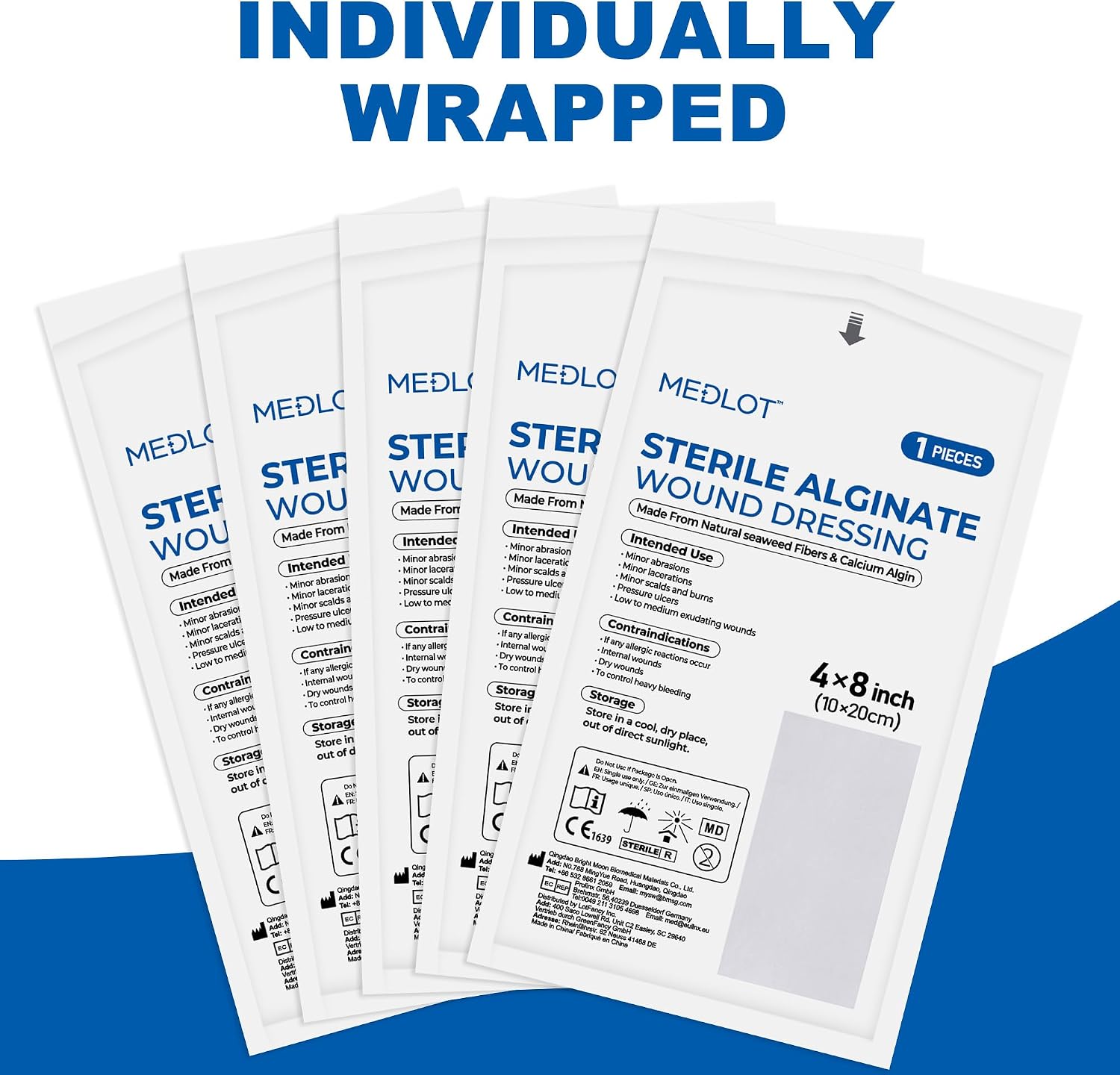 LotFancy Calcium Alginate Wound Dressing, 4” x 8” Patches, 5 Counts, Sterile Non-Stick Pads for Wound Care, Highly Absorbent, Comfortable, Flexible, Gentle on The Skin, Faster Healing