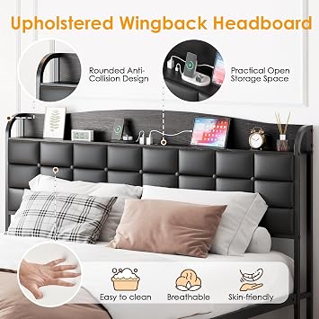 WOWTRELAX Double Bed Frame with Charging Headboard Storage Shelf 135x190cm