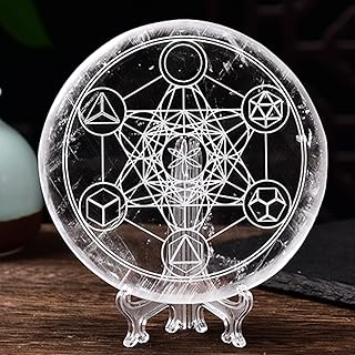 JIC Gem Transparent Selenite Charging Plate 4" Crystal Matrix Etched with Display Stand Selenite Slab for Crystal Charging