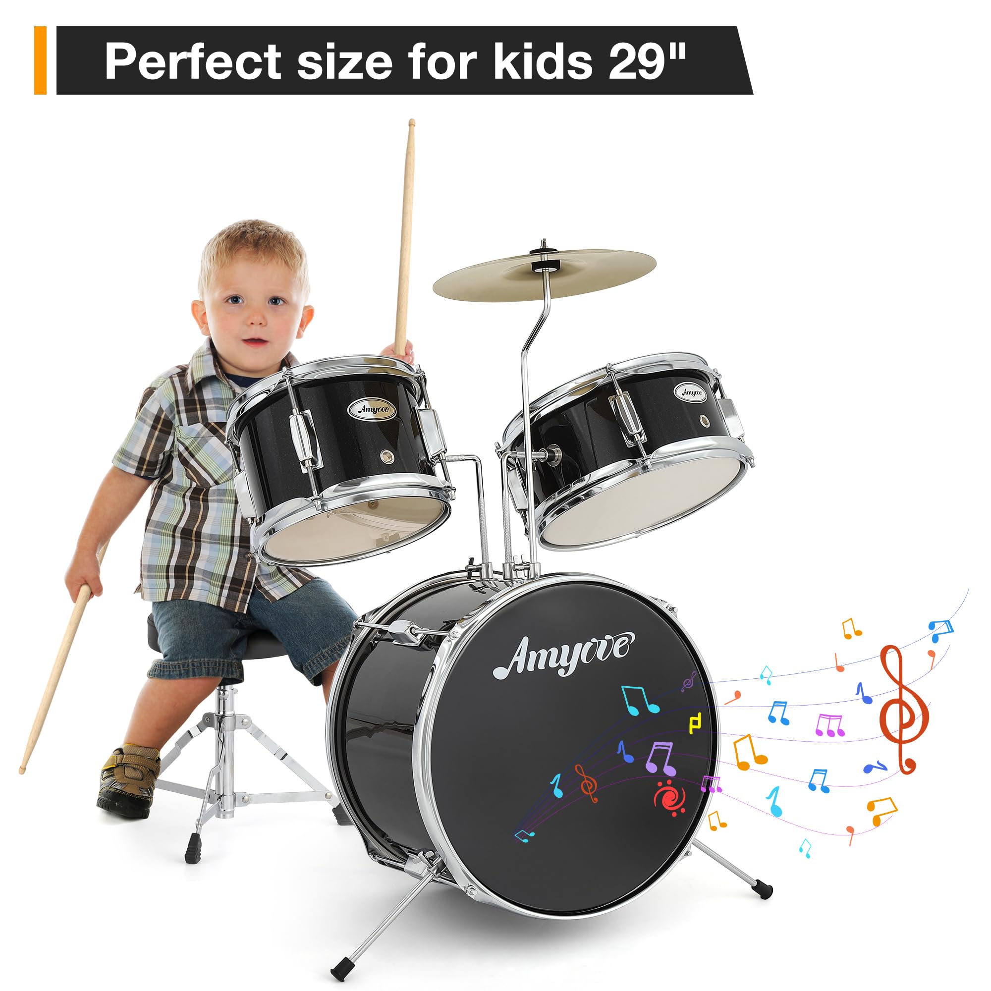 3-teiliges Schlagzeug-Set für Kinder – komplettes Musik-Set mit Bassdrum, Trommel, Tom, 10 Zoll (25,4 cm) Becken, Drumsticks, Hocker, Pedal – perfekt für Anfänger, Geschenk für Jungen und