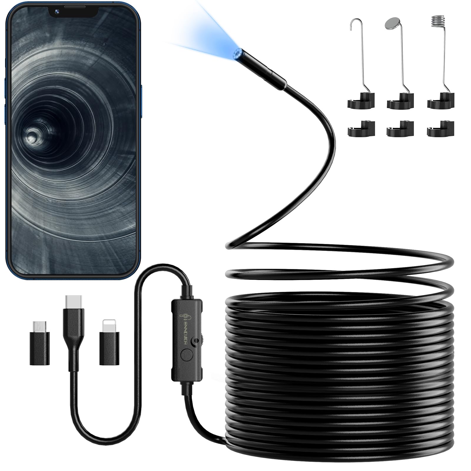 Endoscope Inspection Camera, Ennovor 1920P HD Borescope with 8 Adjustable LED Lights, 32.8ft/10m Semi-Rigid Inspection Camera, IP67 Waterproof 7.9mm Probe Tube Sink Pipe Drain Cameras for iOS Android