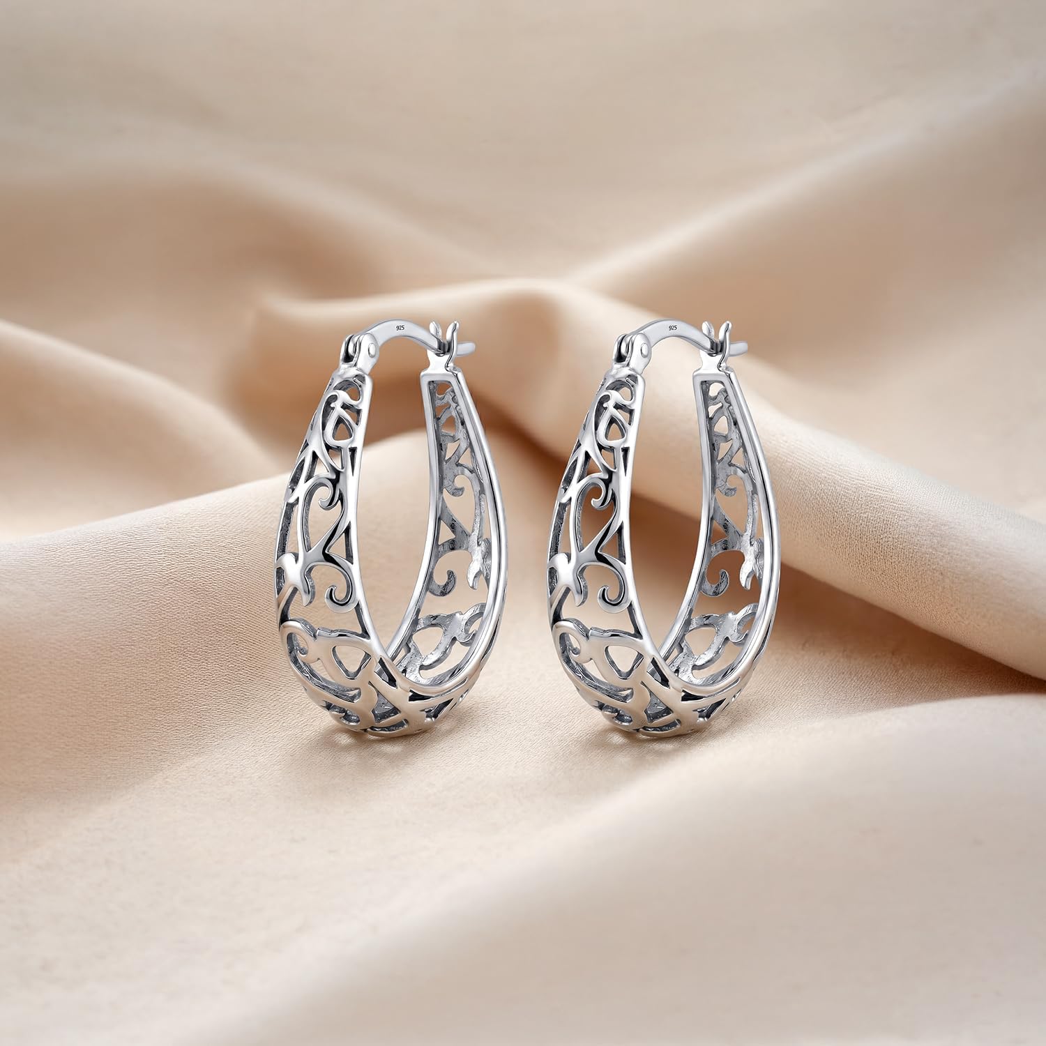 LeCalla 925 Sterling Silver Hoop Earrings for Women | Women's Filigree Hoop Earrings | Antique Oxidized Openwork Mesh Filigree Cut Earring Chunky Hoops | Hypoallergenic Vintage Filigree Oval Hoop Earrings for Women