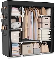 VTRIN 57.3" Portable Wardrobe Closet with Cover, 10 Shelves, Hanging Rod & 6 Pockets - Black Free-Standing Clothes Organizer for Bedroom
