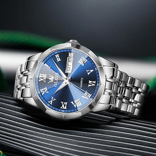 Miniatura 7 de OLEVS Reloj para hombre de acero inoxidable para hombre con vestido de diamantes, relojes de pulsera para hombre, impermeables, con fecha y día,