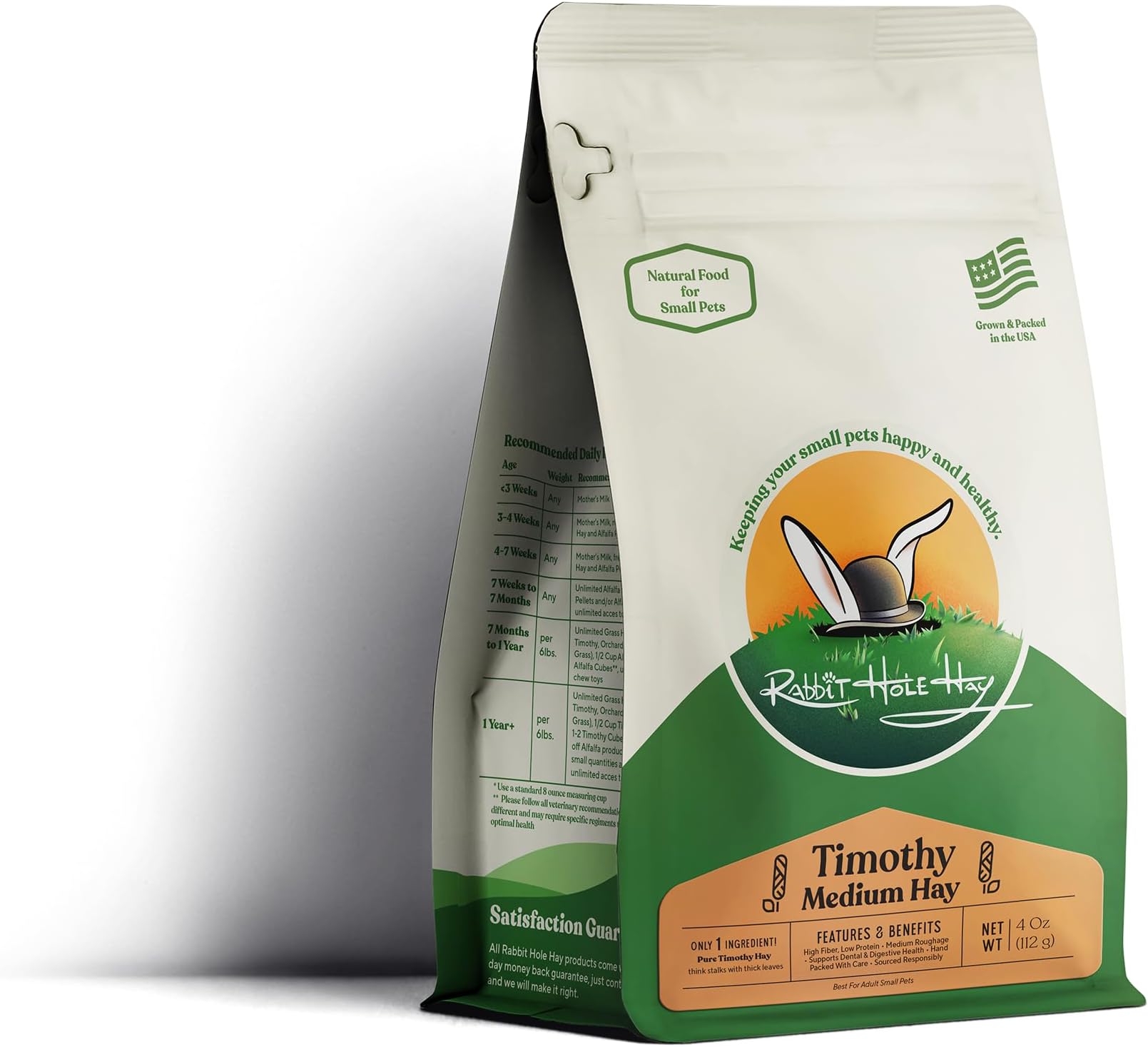 Rabbit Hole Hay - Ultra Premium Medium Timothy Hay for Small Pets - 4 oz Pack - Fresh & Nutritious