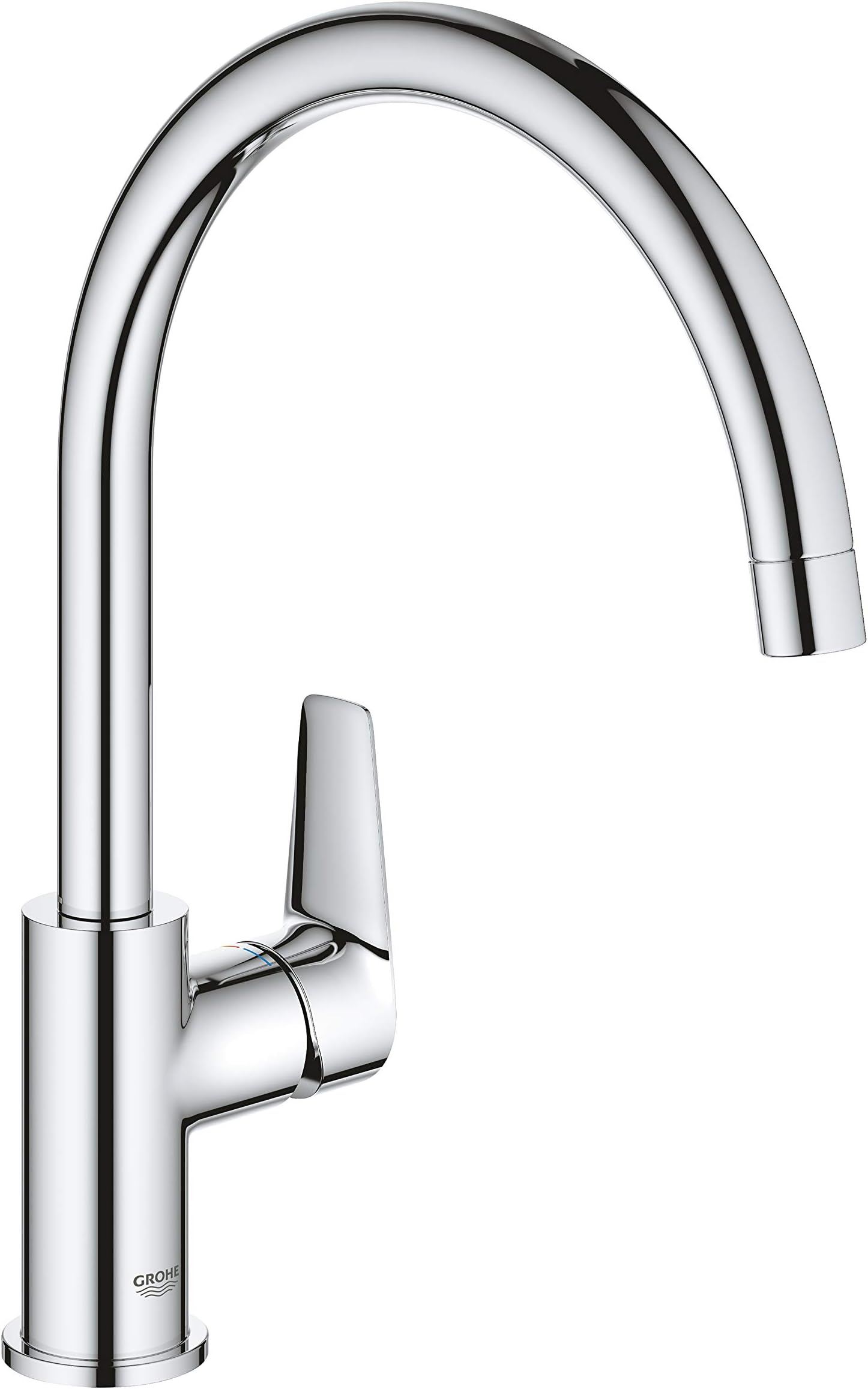 GROHE BauEdge – Single Lever Kitchen Mixer Tap (Monobloc Installation, High Spout, Swivel Area 360˚, 28 mm Ceramic Cartridge, Tails 3/8 inch), Easy Installation, Size 332 mm, Chrome, 31367001