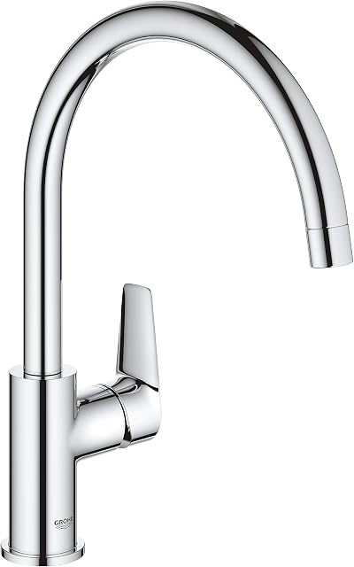 GROHE BauEdge Single Lever Kitchen Mixer Tap (Monobloc Installation, High Spout, Swivel Area 360˚, 28 mm Ceramic Cartridge, Tails 3/8 inch), Easy Installation, Size 332 mm, Chrome, 31367001
