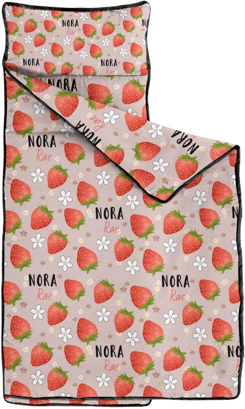 Personalized Toddler Nap Mat for Girls – Custom Name Strawberry Sleeping Bag with Pillow & Blanket – Soft & Portable for Daycare, Preschool & Kindergarten