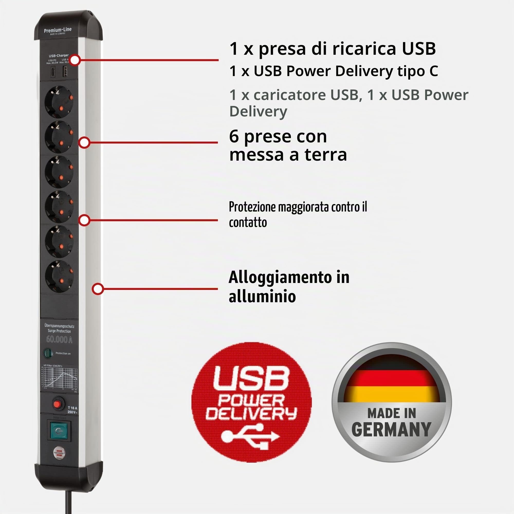 Brennenstuhl Protect-Line - Ciabatta multipresa a 6 posizioni con USB Power Delivery di tipo C e protezione da sovratensione (1 caricatore di tipo C e 1 USB-A, made in Germany