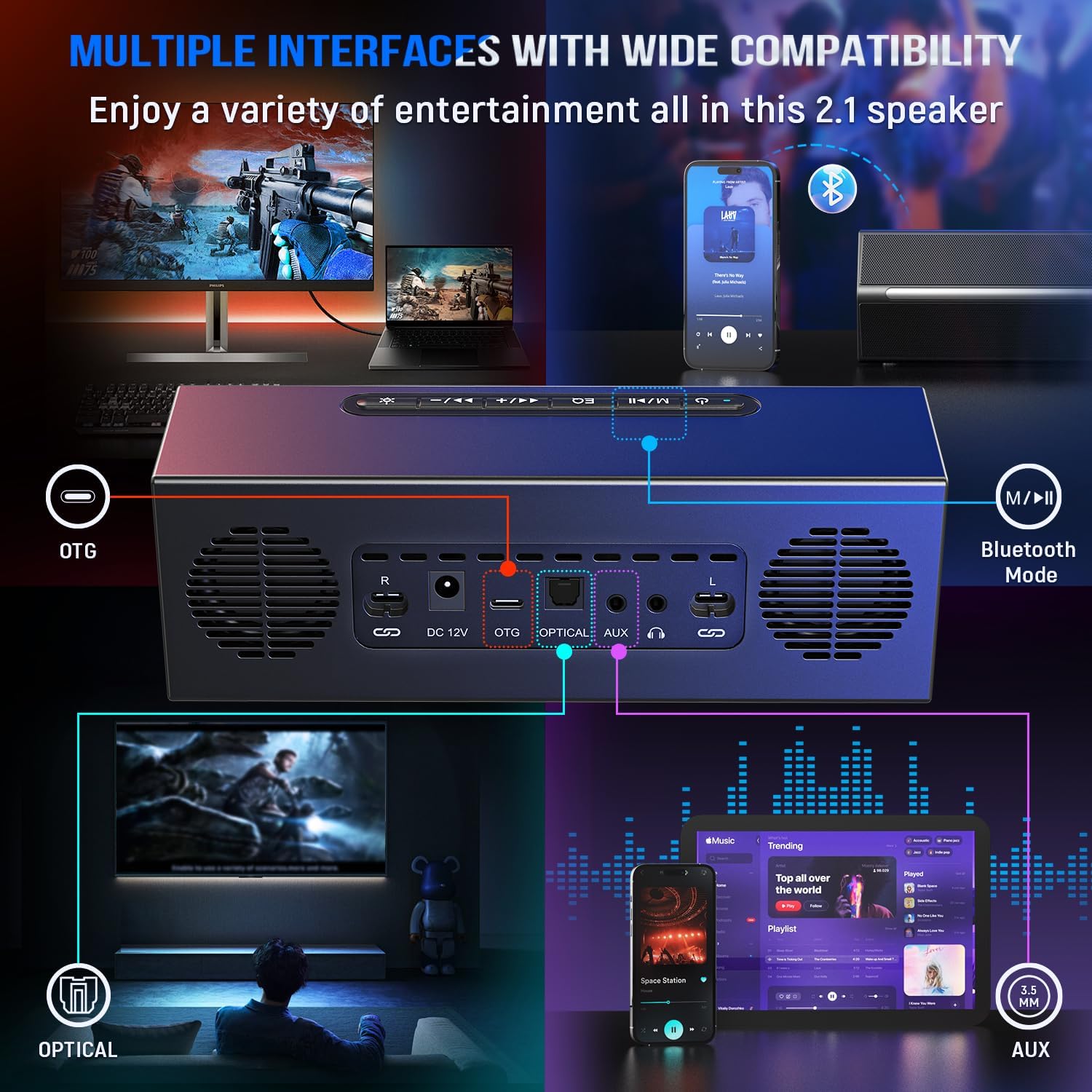 FIFINE Sistema di altoparlanti per computer con subwoofer, altoparlante da gioco per PC con RGB, controllo del volume, monitoraggio, ingresso AUX da 3,5 mm, altoparlanti alimentati a corrente