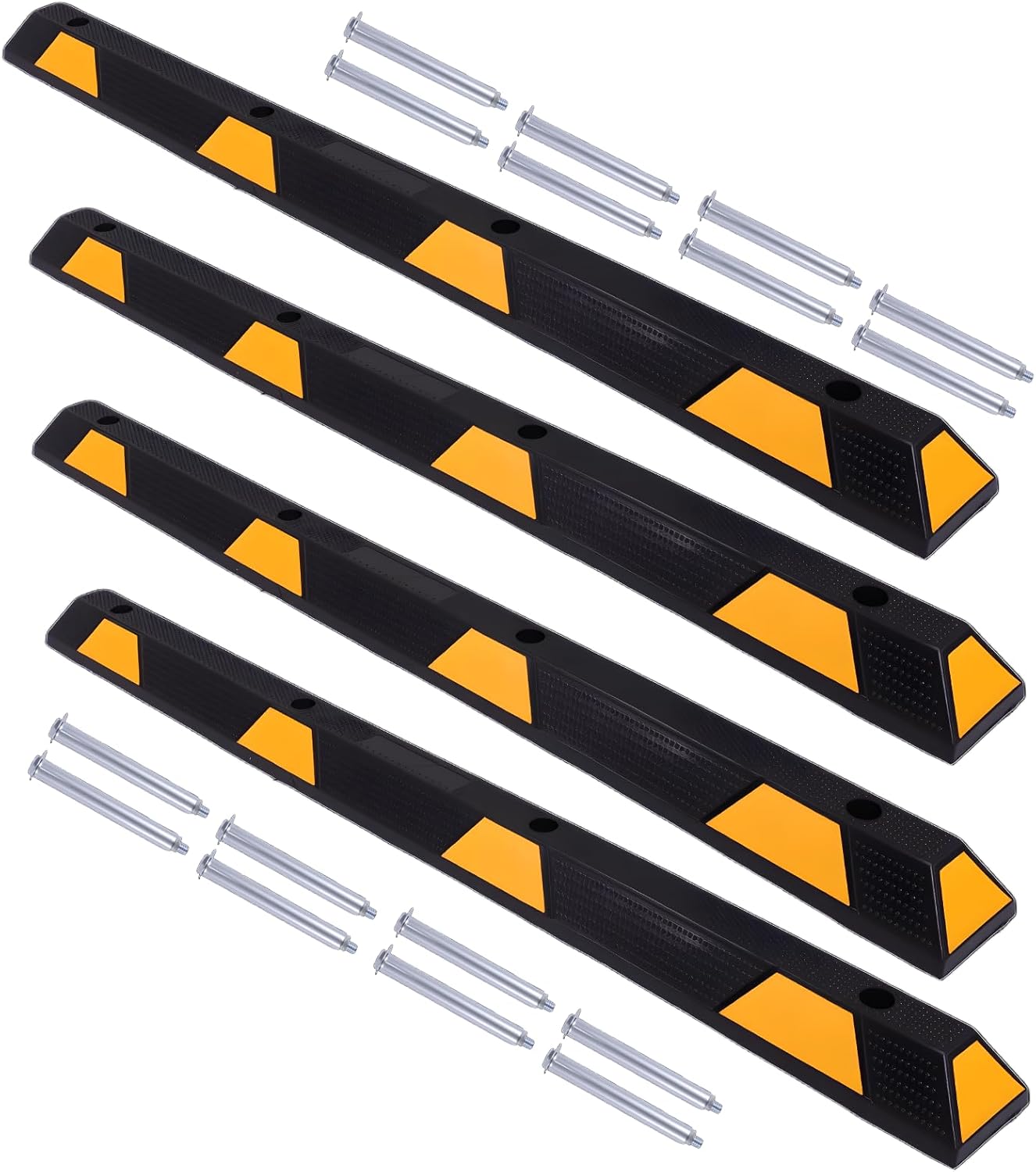 72in Car Parking Stopper W/Yellow Reflective Stripes Parking Aid Gadgets Tire Stops Bumpers for Job Sites Driveways and Garages with Bolt Installation (4Pcs)