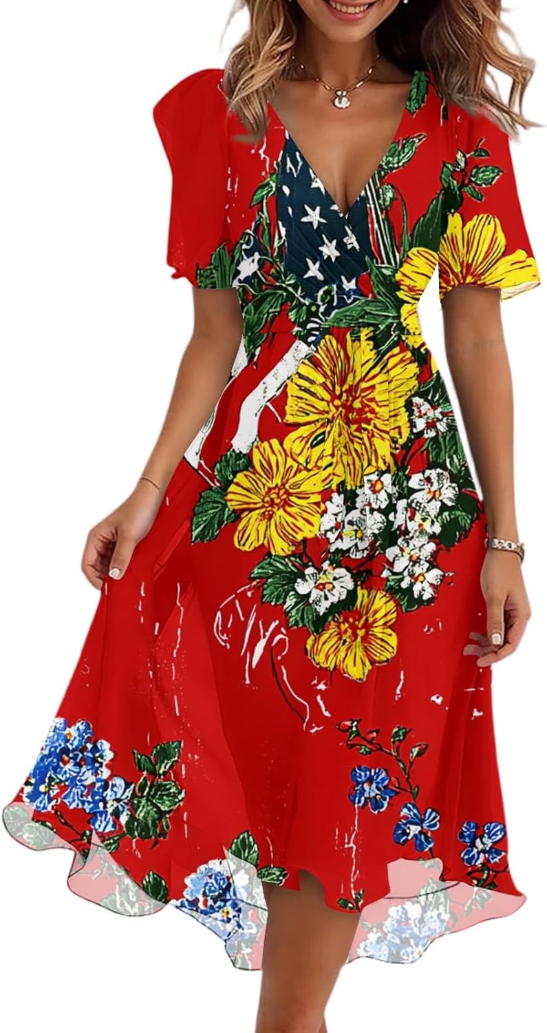 Wedding Guest Dresses for Women 250th Anniversary USA Short Sleeve Summer Chiffon Loose V Neck Swing Cocktail Dress