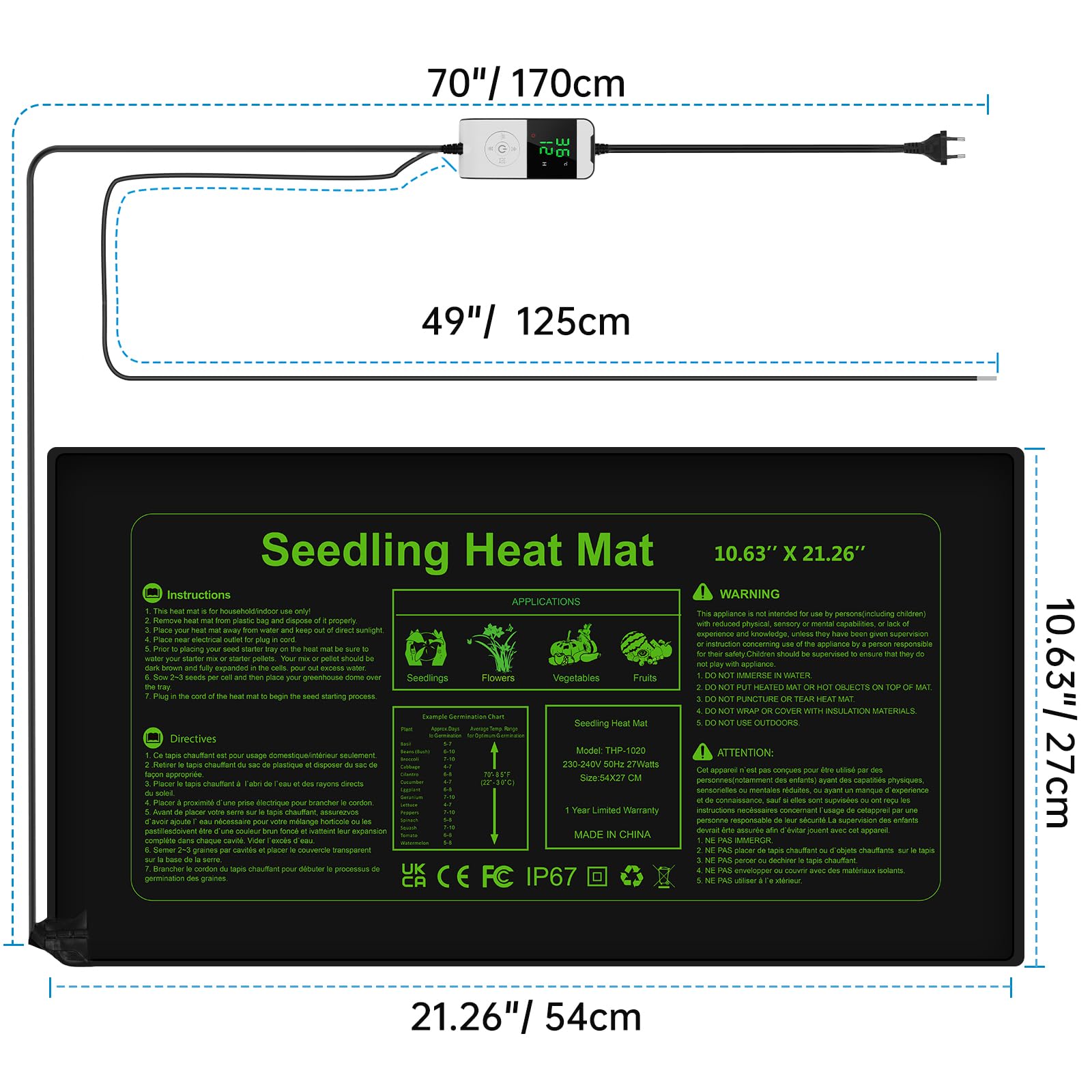WADEO Heizmatte für Pflanzen, Sämlinge Heizmatte Wärmematte 30 W mit Thermostat 5°C bis 45°C, Gewächshaus Wärmematte Wasserdicht mit Timerfunktion, für Setzlingskeimung Sämling Germination, Terrarium