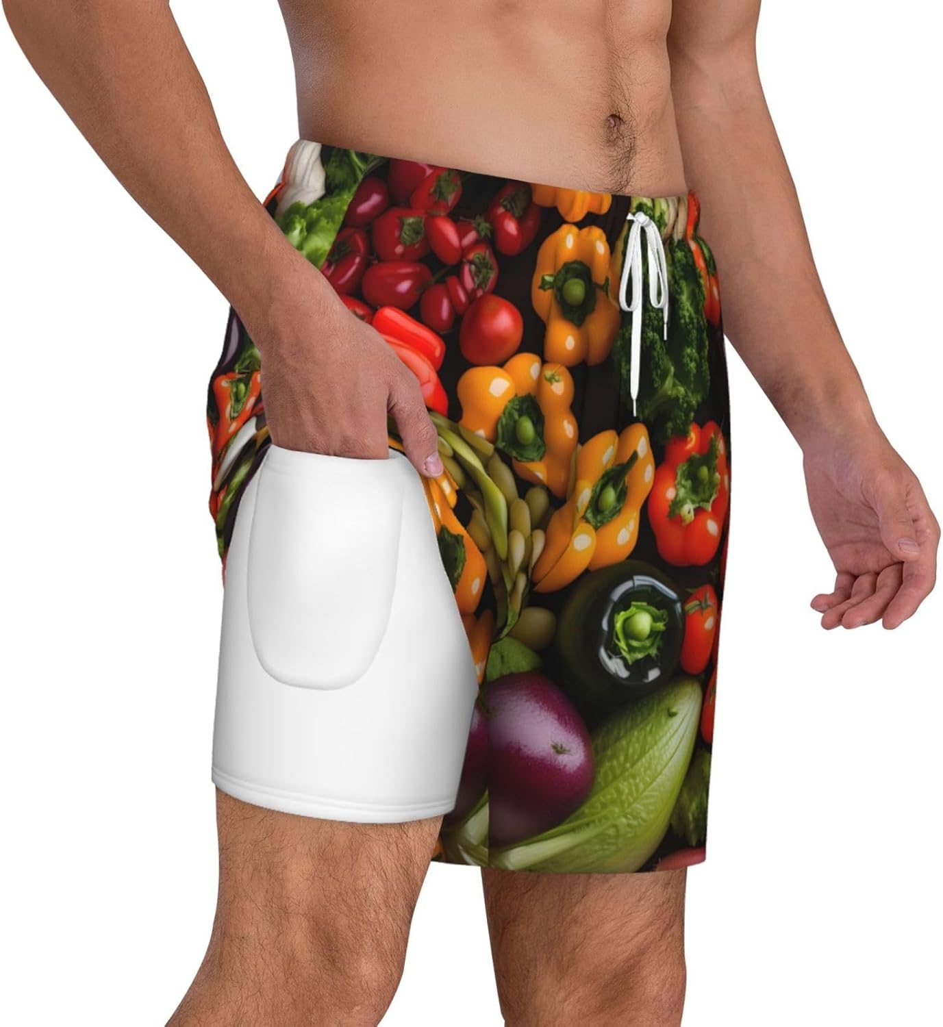 Variety Fresh Vegetables Fruits Print Men's Athletic Swim Shorts, Surf Pants with Compression Liner & Utility Pockets