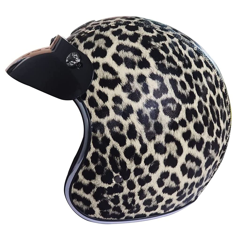 Leopard Floral Retro Open Face Helmet 3/4 Vintage Motorcycle Half Helmet with Visor Lens DOT Approved Summer Sunscreen Electric Motorcycle Crash for Adults Men Women