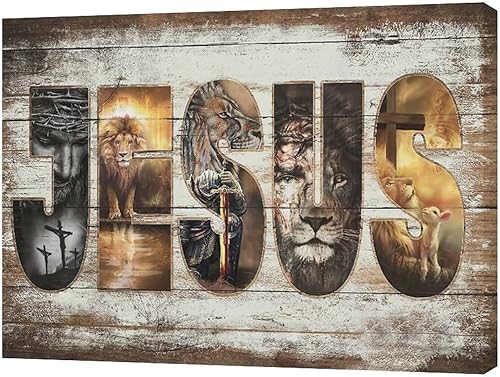 Vista 2 de Póster en lienzo con imágenes de Jesús, león y cordero, impresión en lienzo con texto en inglés "God Bible Christian Religios" para pared, pintura
