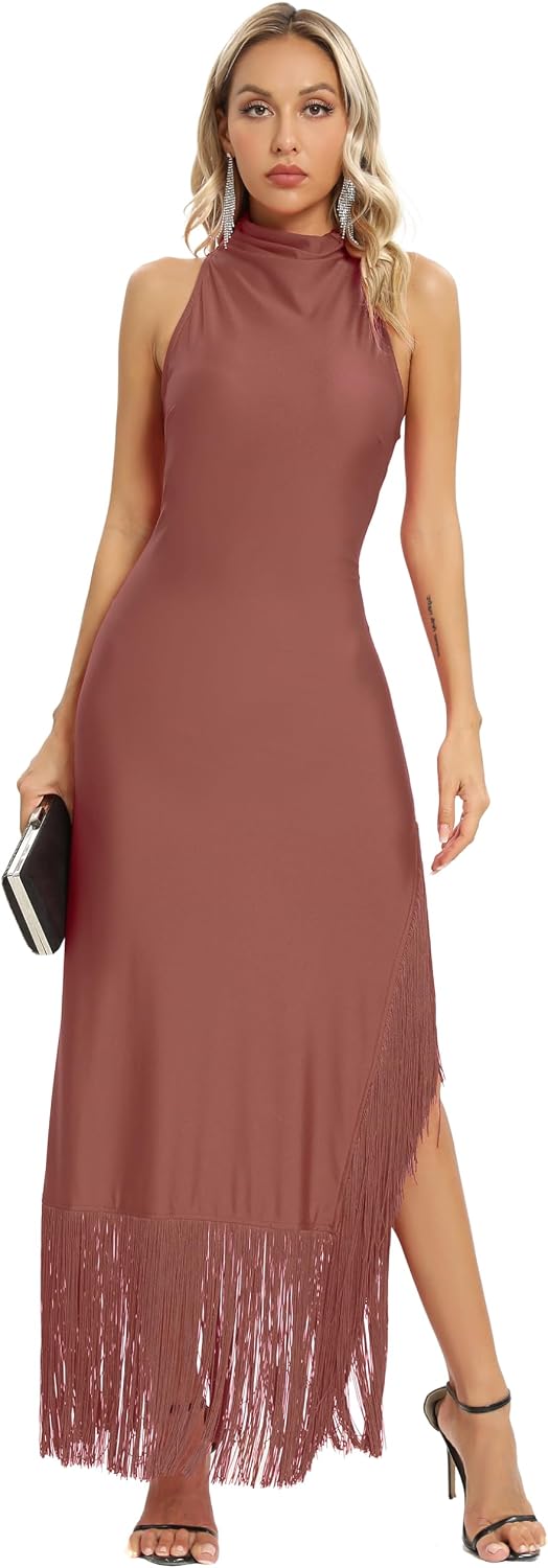 Women Gatsby Vintage Flapper Maxi Dress Halter Tassel Hem Gowns with Slit image 4