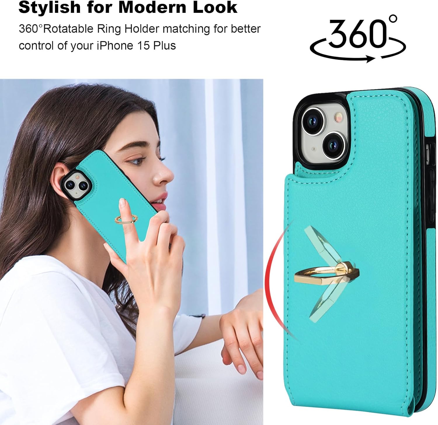 Folosu Compatible with iPhone 15 Plus Case Wallet with Card Holder, 360°Rotation Finger Ring Holder Kickstand, RFID Blocking Leather Protective Double Buttons Shockproof Cover 6.7 Inch Green