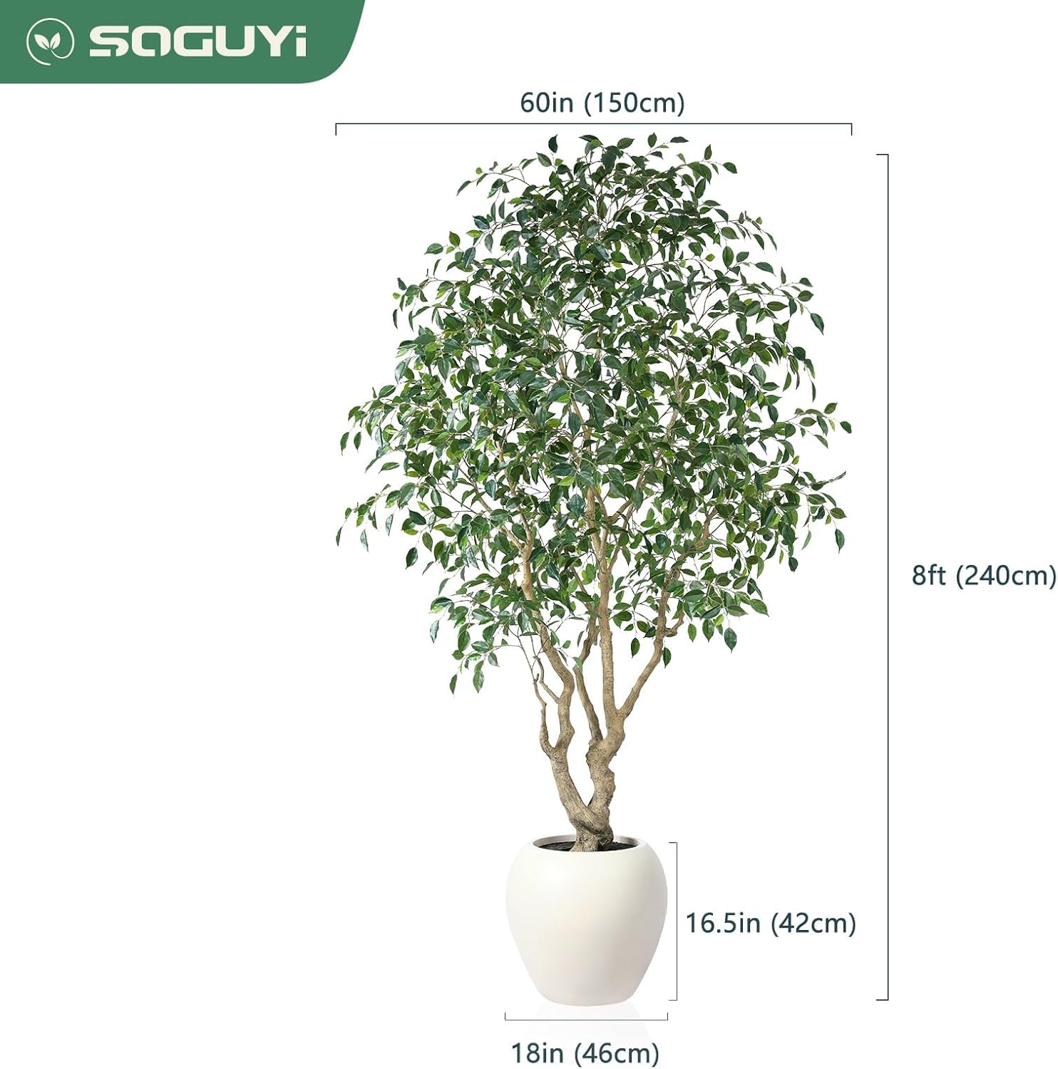 Ficus Tree Artificial Indoor, 8 Feet Tall Faux Ficus Tree with Round Artisan Planter, Premium Handmade, Realistic Trunk & Lifelike Leaves, Perfect for Large Spaces & Elegant Home/Office Decor - Image 3