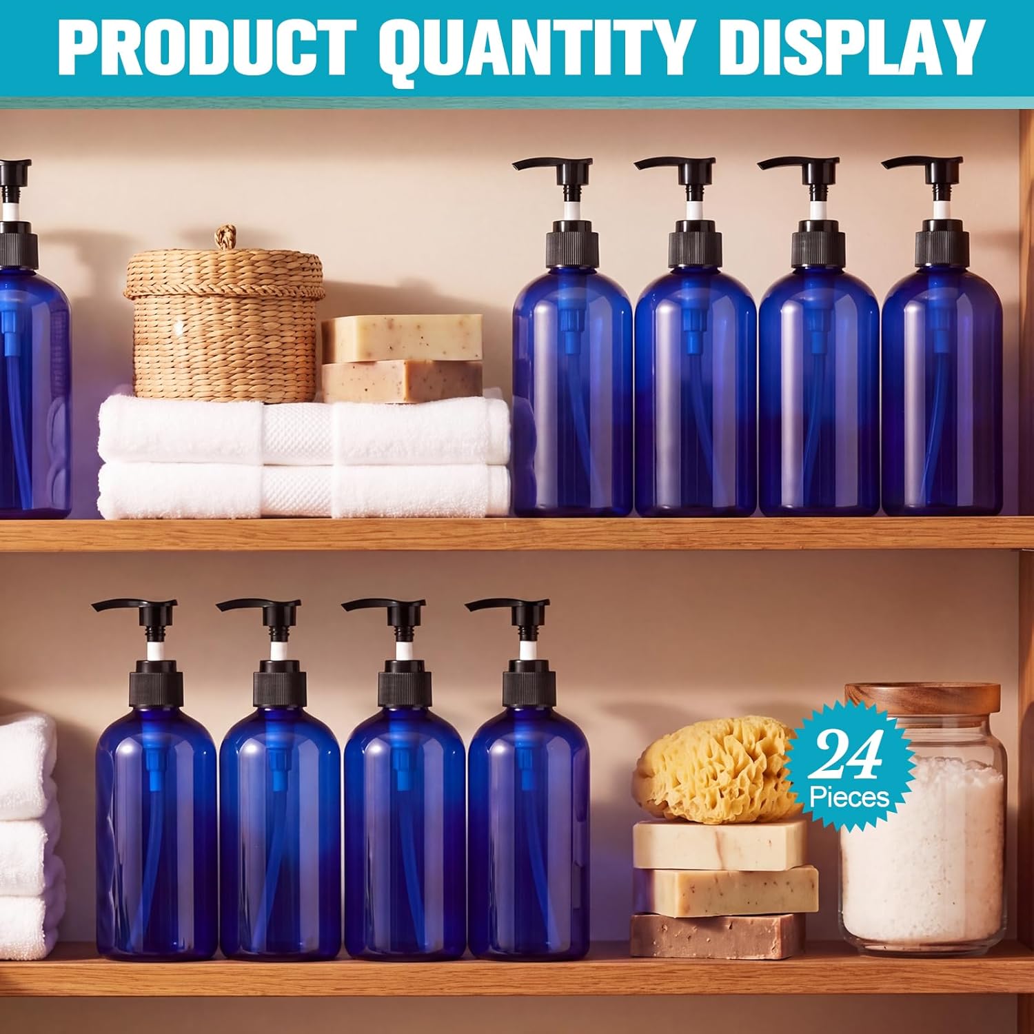 CroBlissful 24 Pcs Empty Plastic Pump Bottles 8oz Refillable Lotion Pump Bottle Containers with Dispenser for Shampoo, Conditioner, Face Cream, Massage Oil, Liquid Soap (Blue)