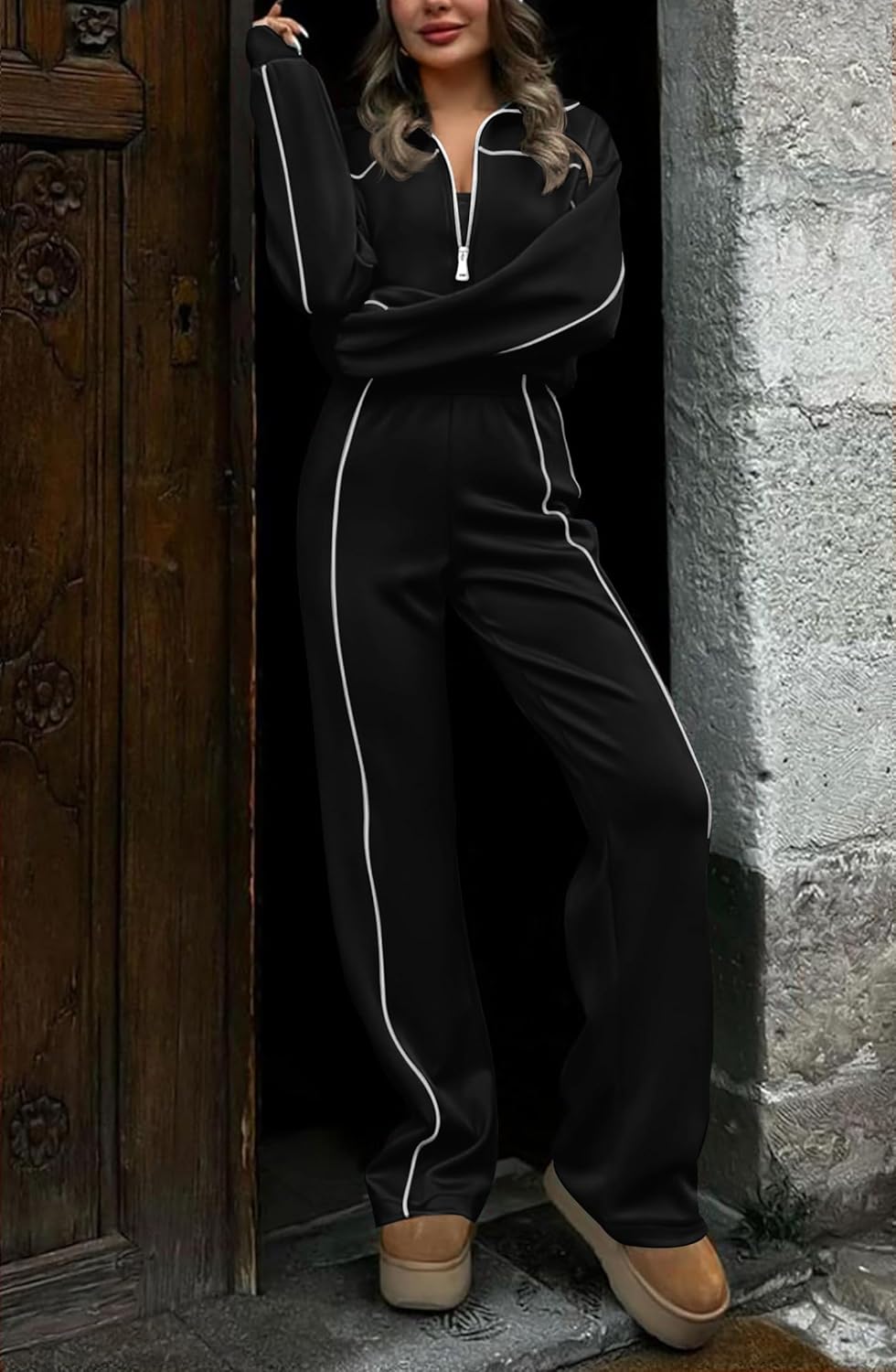 HAEOF Women 2 Piece Sweatsuit 2026 Fall Spring Long Sleeve Zip Up Sweatshirt Jogger Pants Machting Lounge Sets Track Suit - Image 3