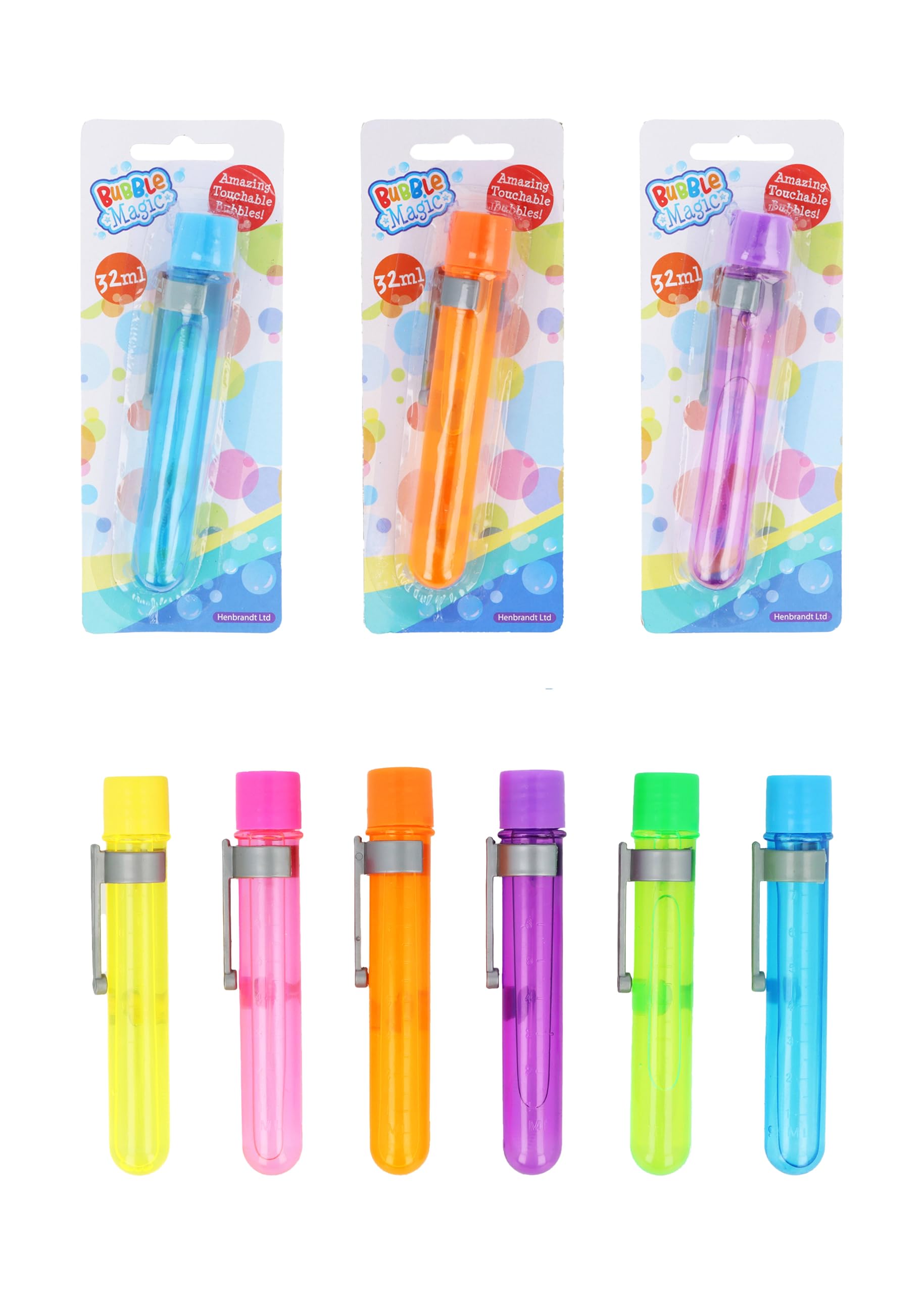 Henbrandt 12 x Touchable Bubble Test Tubes, 6 Assorted Colours, 32ml - Long Lasting Bubbles, Party Favours, Kids' Toy, Bubble Wand Included, 12cm