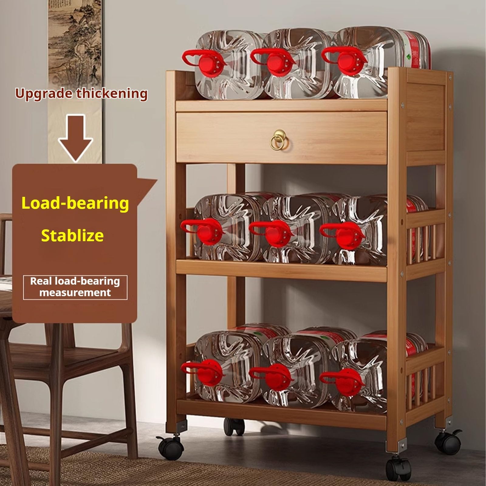 Carrello portaoggetti in bambù a 3 ripiani con ruote, organizer mobile per cucina e soggiorno per un facile spostamento e risparmio di spazio
