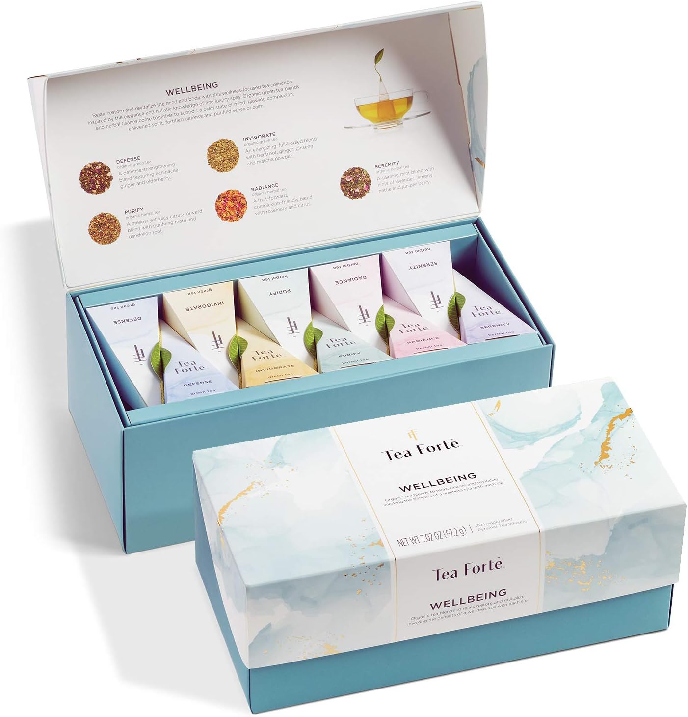 Tea Forte Premium Presentation Box Gift Set Sampler, 20 Count, Assorted Blends Individually Wrapped Handcrafted Pyramid Infuser Bags, Gifts for Mom, Wellbeing Tea