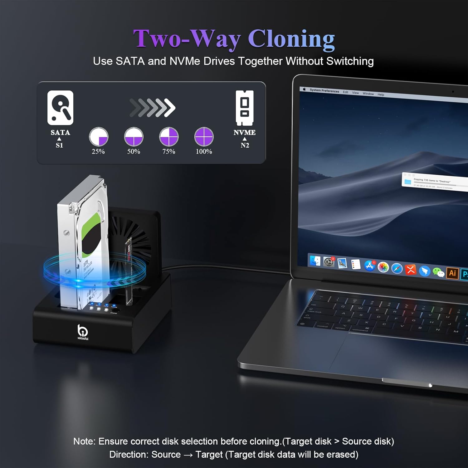 M.2 NVMe & SATA Hard Drive Docking Station, USB C 10Gbps Hard Drive cloner for M.2 PCIe NVMe + SATA 2.5”/3.5” HDD Converter, Offline Cloning, Tool-Free, Cooling Fan - Image 5