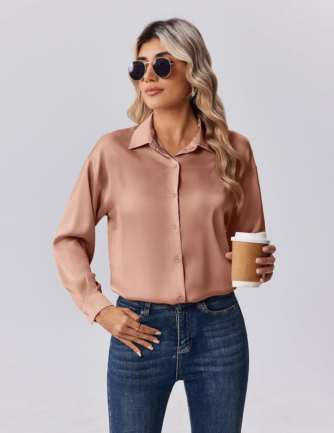 Zeagoo Womens Tops Long Sleeve Satin Silk Button Down Shirts Casual Business Dressy Blouses Fall Clothes - Image 5