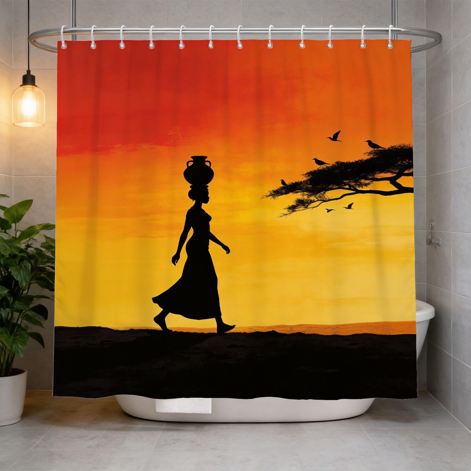 Hongduo 3D Sunset Silhouette Shower Curtain for Stalls Bathtubs Dusk Bathroom Decor Shower Curtain Set Polyester Fabric Waterproof 180x200cm/71X79 Inch with Hooks