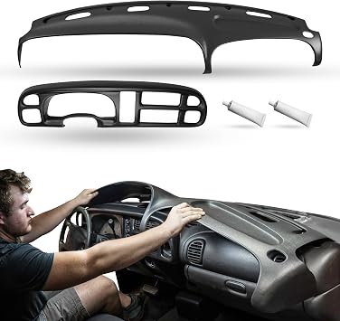 DashSkin Dash Cover Kit with Bezel Skin Compatible with 99-01 Dodge Ram 1500 99-02 Ram 2500 & 3500 in Universal Black - Hard Molded Plastic Dashboard Cap