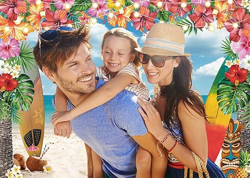 Miniatura 3 de Telón de fondo de playa de Hawaii de verano de 7 x 5 pies, Aloha con palmera tropical, cielo azul, océano, tabla de surf, fondo de fotografía